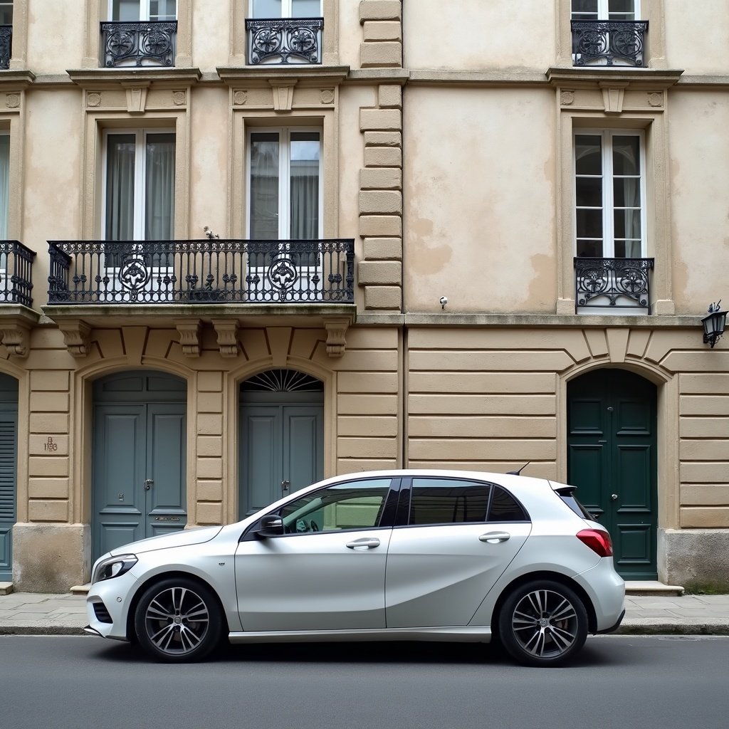 Voiture compacte garée devant une maison bordelaise
